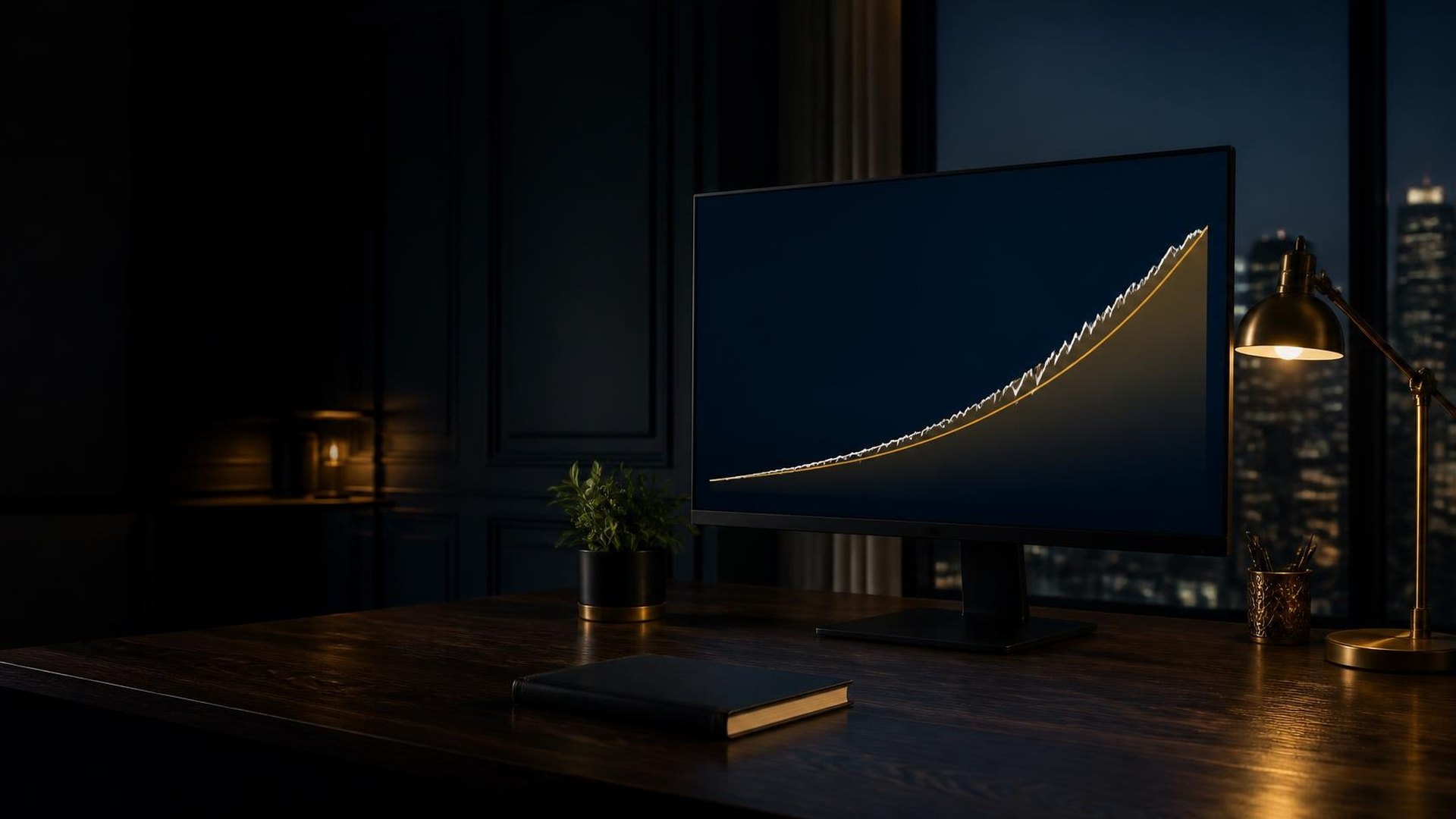 An investment research desk with a long-term curve on a monitor and no readable figures.