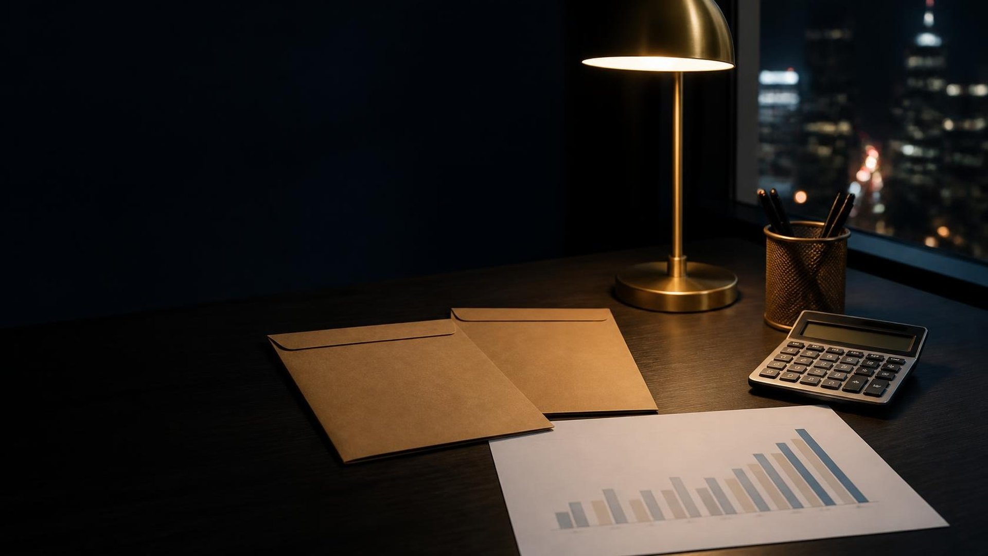 A tax planning desk with a calculator, plain folders, and an unlabeled chart.