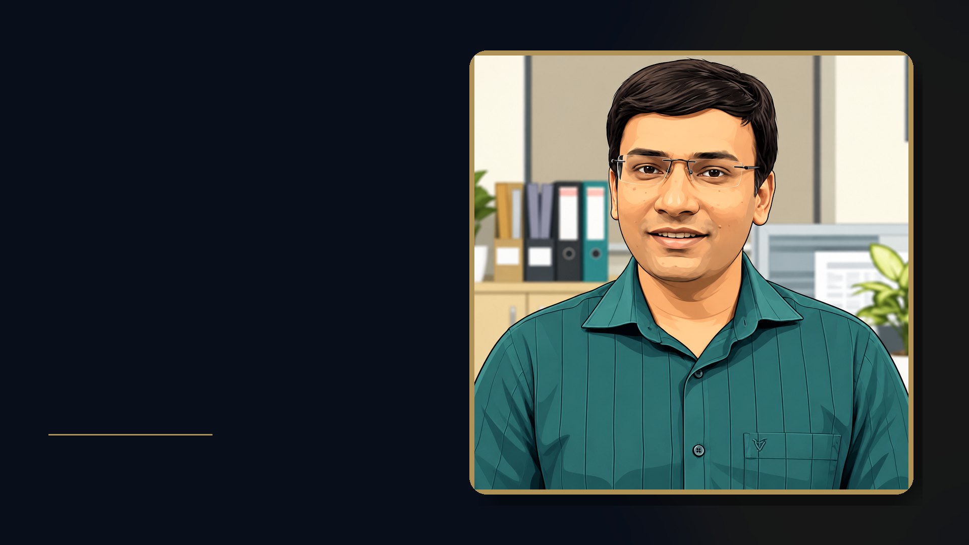 Portrait of Prahlad Kumarr beside a quiet study desk, a laptop with an abstract screen, and books.